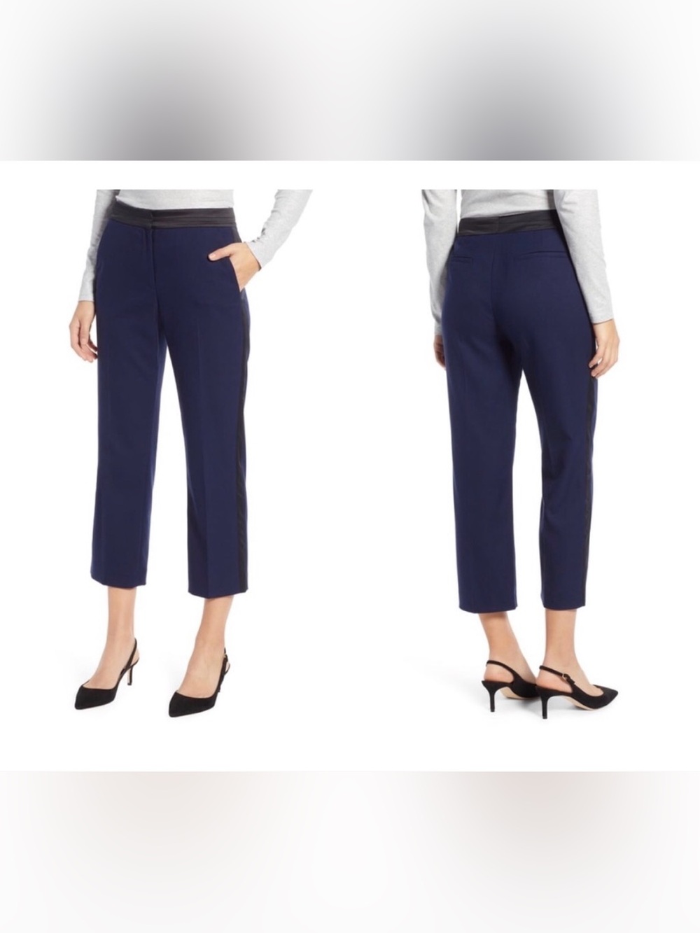 1901 Navy Cropped Straight-Leg Tuxedo Pants with Black Contrast Waistband